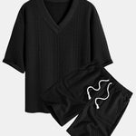 Relax Fit Geometric Jacquard V Neck Three Quarter Sleeve T-Shirt & Shorts