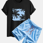 Regular Fit Palm Trees Silhouette Print Cotton T-Shirt & Swim Shorts