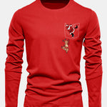 Long Sleeve Pocket Santa Print Cotton T-Shirt