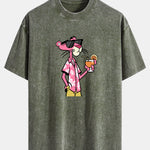 Vacation Pink Panther Print Washed Distressed Drop Shoulder T-Shirt