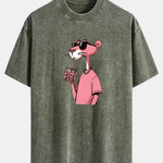 Pink Panther Print Washed Distressed Drop Shoulder T-Shirt