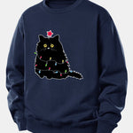 Christmas Lights Black Cat Print Relax Fit Sweatshirt