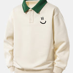 Relax Fit Smiley Face Print Contrast Polo Sweatshirt