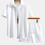 Rhombus Geometry Jacquard Button Up Shirt & Drawstring Shorts