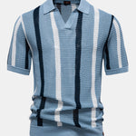 Stripe Knit V Neck Polo Shirt & Straight Leg Linen Pants