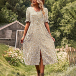 Zeagoo Women's Button Down V Neck Full Print High Waist A-Line Summer Casual Dress