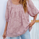 Zeagoo Quare Neck Babydoll Tops 3/4 Puff Sleeve Lace Blouse Summer Floral Textured Shirts