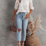 Zeagoo Five Quarter Sleeves Puff Sleeves Round Neck Top Chiffon Loose Flower Texture Casual Shirt