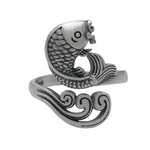 Buddha Stones 925 Sterling Silver Koi Fish Water Ripple Luck Wealth Ring