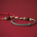 Buddha Stones 14K Gold Plated Hetian Jade Cinnabar Lotus Luck Handcrafted Rope Bracelet