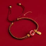 Buddha Stones Natural Cinnabar Peace Buckle Fu Character Charm Blessing Braided Bracelet