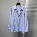 Three-dimensional Flower Loose Blue Striped Shirt