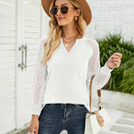 Zeagoo V Neck Tops Solid Color Blouse Long Sleeve Pullover Lace Patchwork Shirt