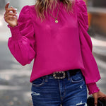 Zeagoo Zeagoo Casual Fold Bubble Cuff Bow Lace Round Neck Shirt Top