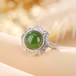 Buddha Stones 925 Sterling Silver Hetian Cyan Jade Flower Design Luck Adjustable Ring