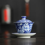 Buddha Stones Vintage Blue And White Porcelain Ceramic Gaiwan Sancai Teacup Kung Fu Tea Cup And Saucer With Lid