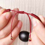 Buddha Stones Ebony Wood Cat Head Pattern Peace King Kong Knot Braided Bracelet
