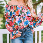 Zeagoo Off The Shoulder Blouses Floral Print Long Sleeve Ruffle Tube Shirt Tops