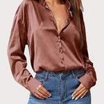 Zeagoo Women Satin Button Down Shirt Long Sleeve Tops