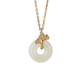 Buddha Stones 925 Sterling Silver Natural Hetian Jade Ginkgo Leaf Peace Buckle Luck Necklace Pendant