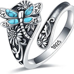 Sterling Silver Turquoise Spoon Ring – Vintage Boho Wrap Ring with Dragonfly