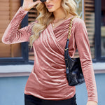 Zeagoo Velvet Tops for Women Long Sleeve Sexy Casual V-Neck Cross Wrap Shirts Ruched Fitted Blouse Party Club Night (Us Only)