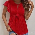 Zeagoo Eyelet Tie-Neck Flutter-Sleeve Top Solid Color Casual Blouse for Women Casual Work Office Loose Fit 2026 | Under $40