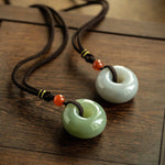 Buddha Stones Natural Round Jade Gray Jade Peace Buckle Luck Necklace Pendant