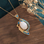 Buddha Stones White Jade Peacock Copper Blessing Necklace Pendant