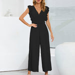 Zeagoo Women's Casual Loose Jumpsuit V Neck Sleeveless Solid Ruffle Pleated Wide-leg Long Playsuit with Belt