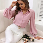 Zeagoo V Neck Crinkle Crepe Lantern Sleeves Shirt Top Button-Down Loose Blouse