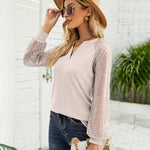 Zeagoo V Neck Tops Solid Color Blouse Long Sleeve Pullover Lace Patchwork Shirt