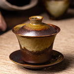 Buddha Stones Vintage Brown Kiln Change Design Porcelain Ceramic Gaiwan Sancai Teacup Kung Fu Tea Cup And Saucer With Lid