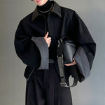Leather Collar Contrast Plaid Oversized Turned-sleeve Cotton Jacket