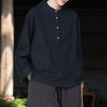 Linen Stand Collar Colorblock Buttoned Pullover Shirt