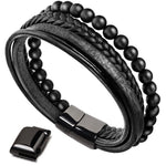 Buddha Stones Natural Lava Rock Black Onyx Bead Leather Bracelet