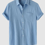 Men's solid color striped textured casual button-down Short Sleeve Shirt