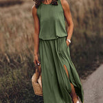 Zeagoo Women's Crewneck Sleeveless Split Maxi Dress Casual Loose Sundress Long Flowy Beach Dress with Pockets
