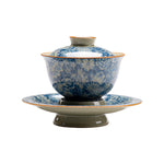 Buddha Stones Vintage Blue And White Porcelain Peach Blossom Lotus Peony Ceramic Gaiwan Sancai Teacup Kung Fu Tea Cup And Saucer With Lid
