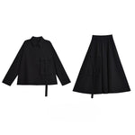 Loose Black Long-sleeved Shirt and Skirt Two-piece Suit