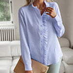 Zeagoo Ruffle Trim Button Front Shirt Regular Fit Long Sleeve Work Blouse