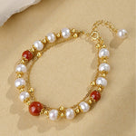 Buddha Stones 925 Sterling Silver Pearl Cinnabar Wisdom Bead Double Layer Chain Bracelet