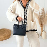 Zeagoo Women's Casual Two-pieces Outfits Contrast Trim Knitted Cardigan and Trousers Pants Sets