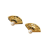 Buddha Stones 925 Sterling Silver Posts Fan Pattern Pearl Copper Wisdom Stud Drop Earrings