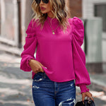 Zeagoo Zeagoo Casual Fold Bubble Cuff Bow Lace Round Neck Shirt Top