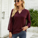 Zeagoo V Neck Tops Solid Color Blouse Long Sleeve Pullover Lace Patchwork Shirt