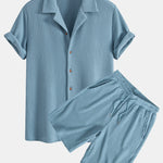 Waffle Button Up Shirt & Drawstring Knitted Waffle Shorts
