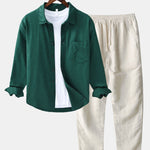 Long Sleeve Linen Cotton Shirt With Pocket & Straight Leg Linen Pants