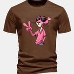 Regular Fit Pink Panther With V Sign Print Cotton T-Shirt
