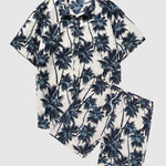 Men's tropical coconut tree print short-sleeved Hawaiian resort shirt + casual shorts two-piece set